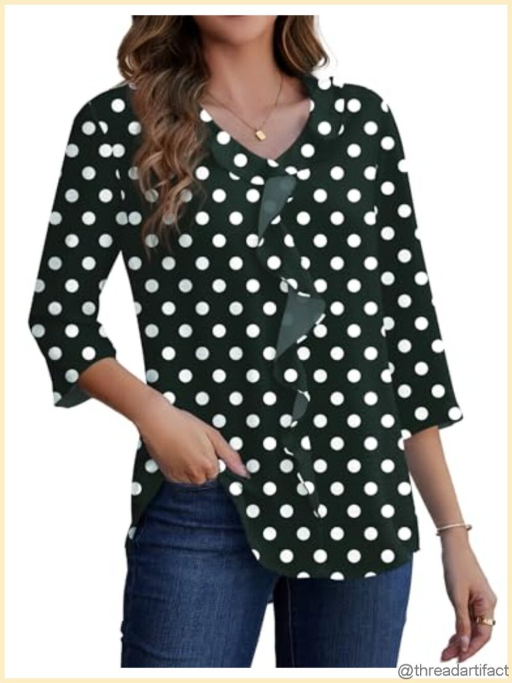 Womens 3/4 Sleeve Ruffle V-Neck Tunic Blouse Dressy Casual Top